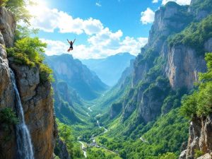 Persoană sărind cu bungee de pe o stâncă.