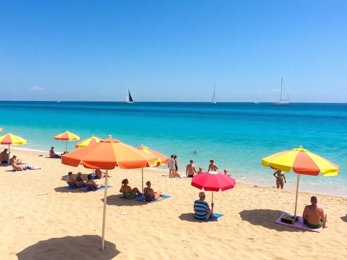 Plaja insorita cu umbrele colorate si turisti relaxandu-se.