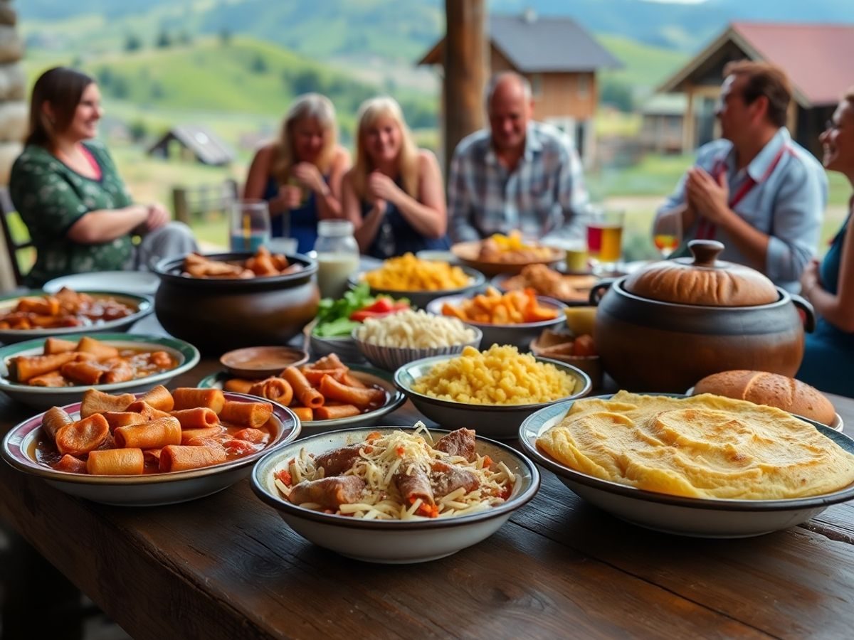 Mâncăruri tradiționale românești, ospăț, oameni zâmbitori, peisaje autentice.