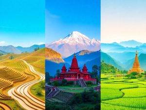 FocusTravel 41 Peisaje asiatice vibrante cu munți acoperiți de zăpadă și temple.