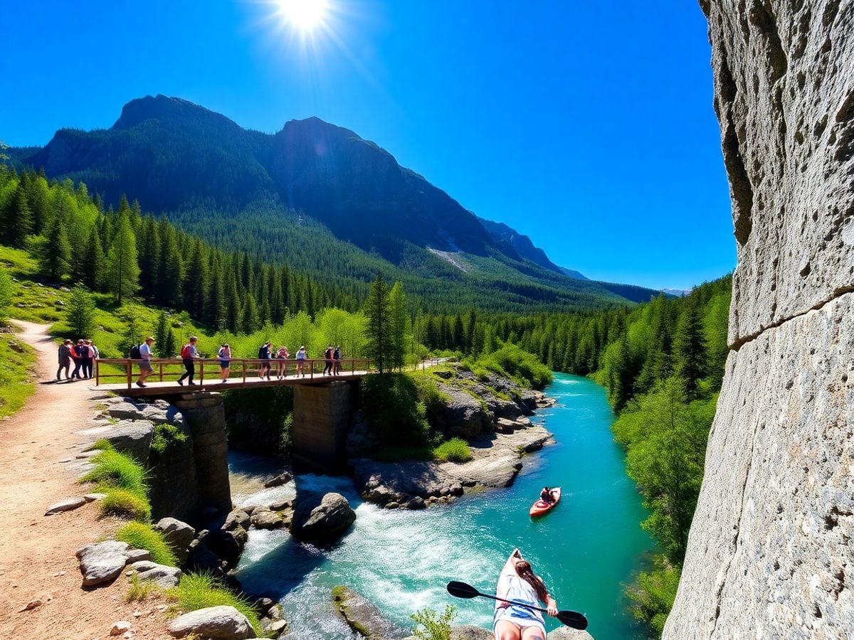 Alpinişti pe potecă, canotor pe apă şi alpinist pe stâncă.