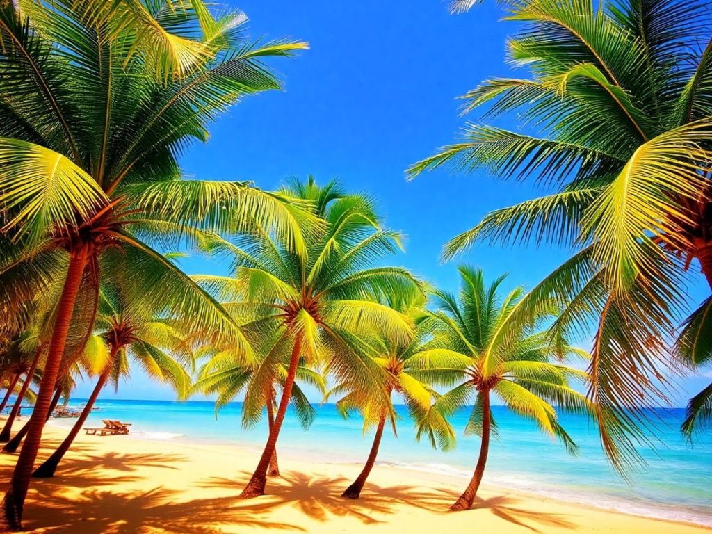 Peisaj exotic cu palmieri și ocean albastru.