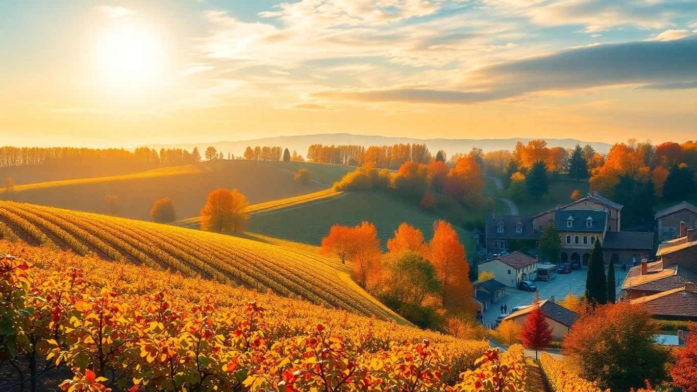 Peisaj de toamnă european cu vii, copaci colorați și festival.
