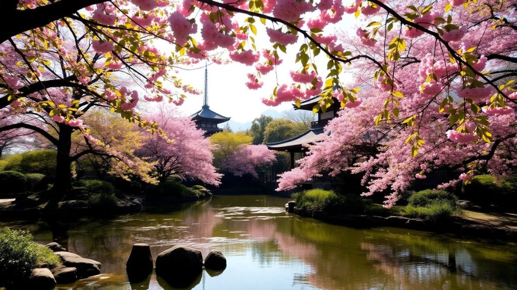 Grădină japoneză cu pagodă și cireși înfloriți.