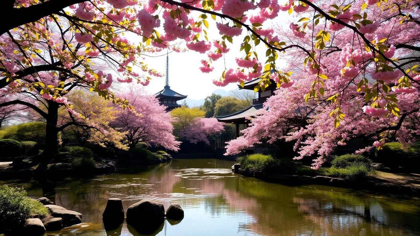Grădină japoneză cu pagodă și cireși înfloriți.