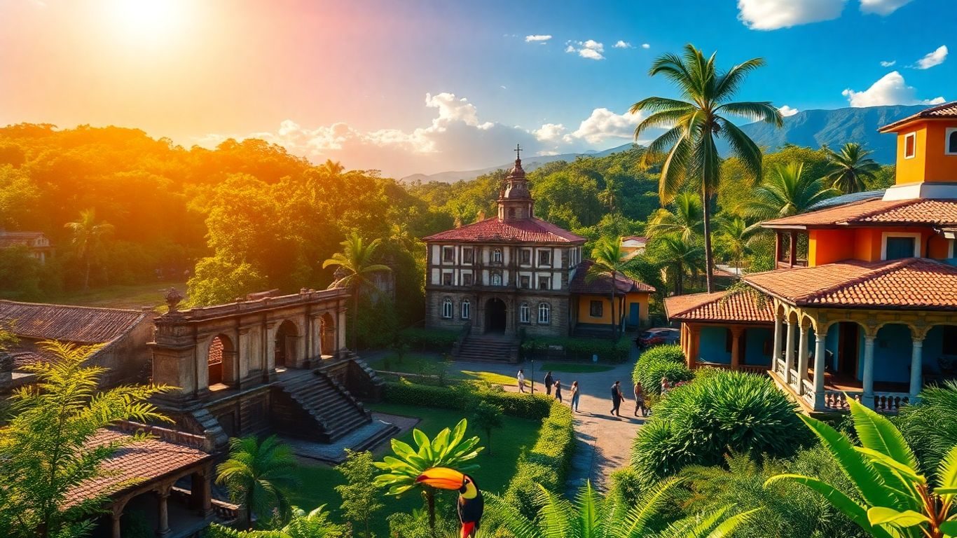 Peisaj vibrant din America Latină cu ruine și natură.