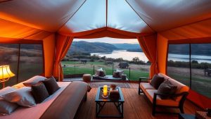 Cort de glamping luxos pe un fundal natural pitoresc.